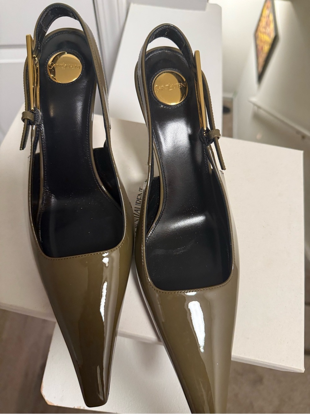 YSL Lee Olive Patent Pointed Toe Slingback Pumps